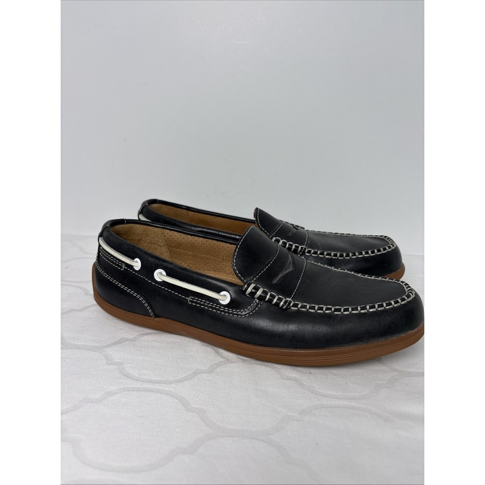 Sebago Boat Penny Loafer Shoes Men Size 9.5 Navy Blue White Stitched Slip Ons